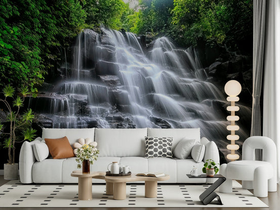 Cascading Serenity wall mural showing a jungle waterfall over dark rocks GD7378
