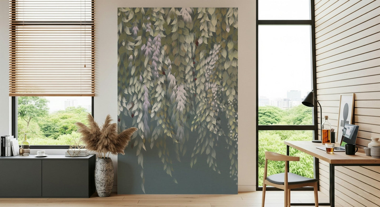 Subtle light and shadow effects in the beautiful wisteria blooms wallpaper mural.