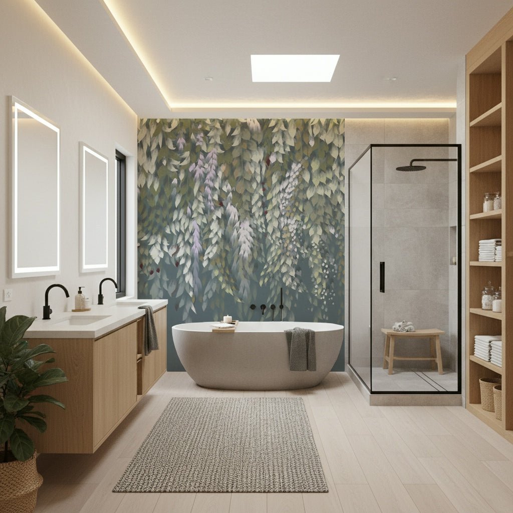 Wisteria blooms wallpaper mural creating an artistic feature wall.