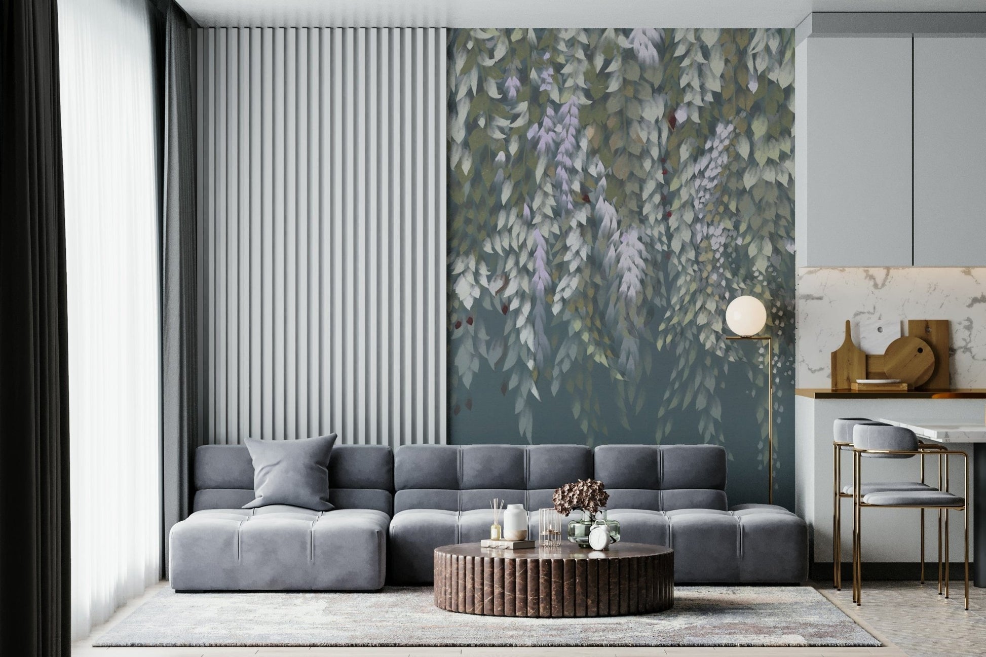 Designer interior featuring the serene wisteria blooms wallpaper mural design.