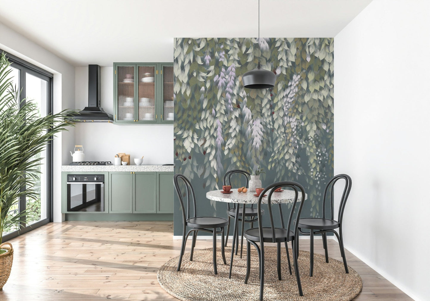 Elegant botanical print of the wisteria blooms wallpaper mural for walls.