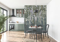 Elegant botanical print of the wisteria blooms wallpaper mural for walls.