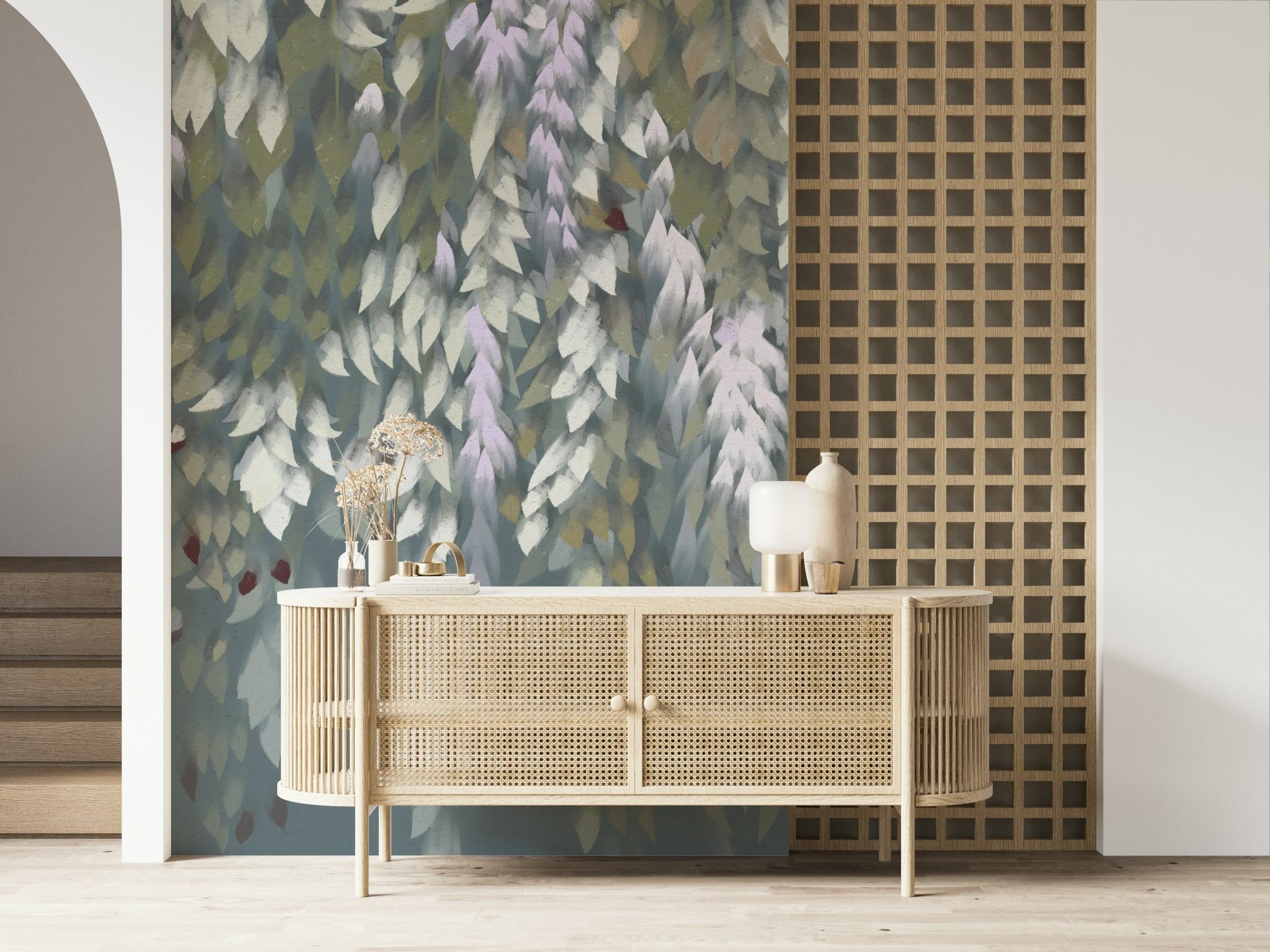 Soft purple and green foliage on the wisteria blooms wallpaper mural.