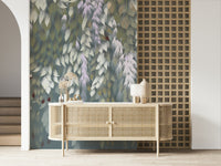 Soft purple and green foliage on the wisteria blooms wallpaper mural.