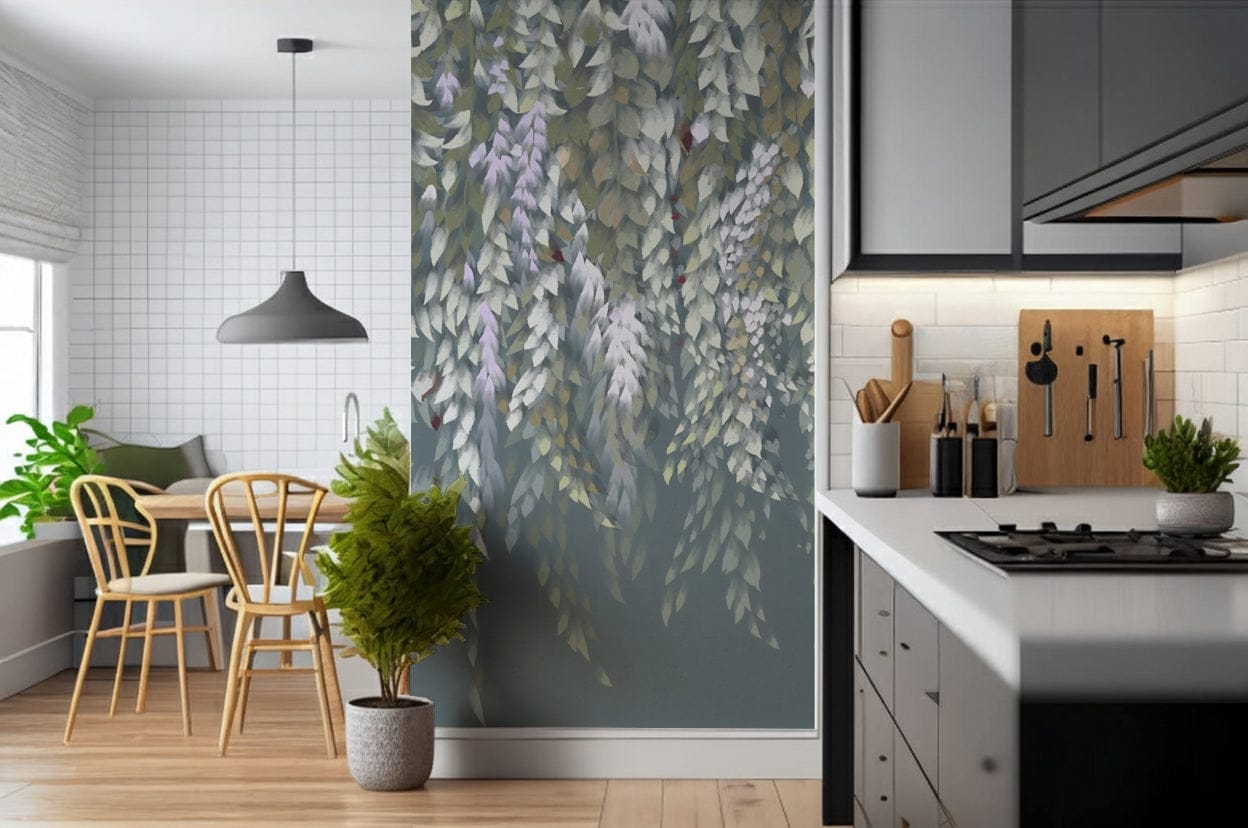 Ethereal cascading flowers design of the wisteria blooms wallpaper mural.