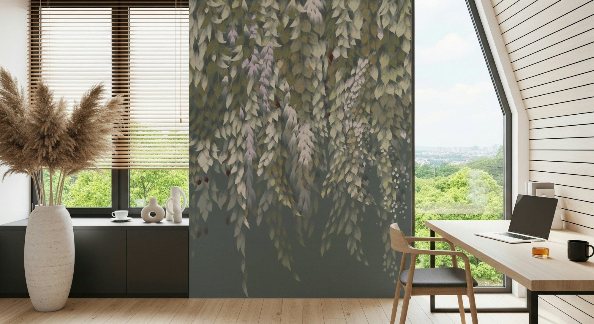Elegant living room featuring a Cascading Wisteria Dream wallpaper mural accent wall., GD6375