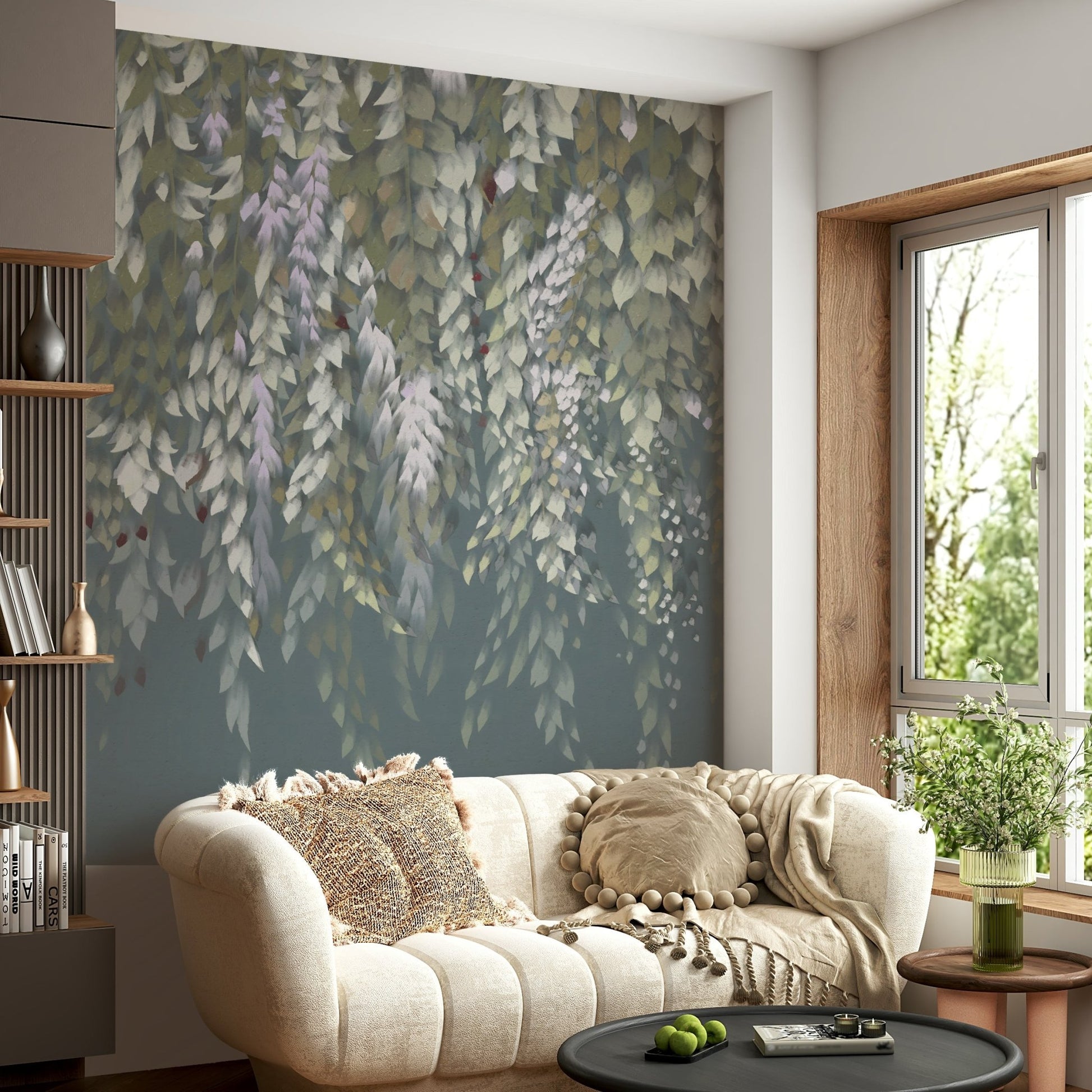 Wide room perspective featuring the calming wisteria blooms wallpaper mural.