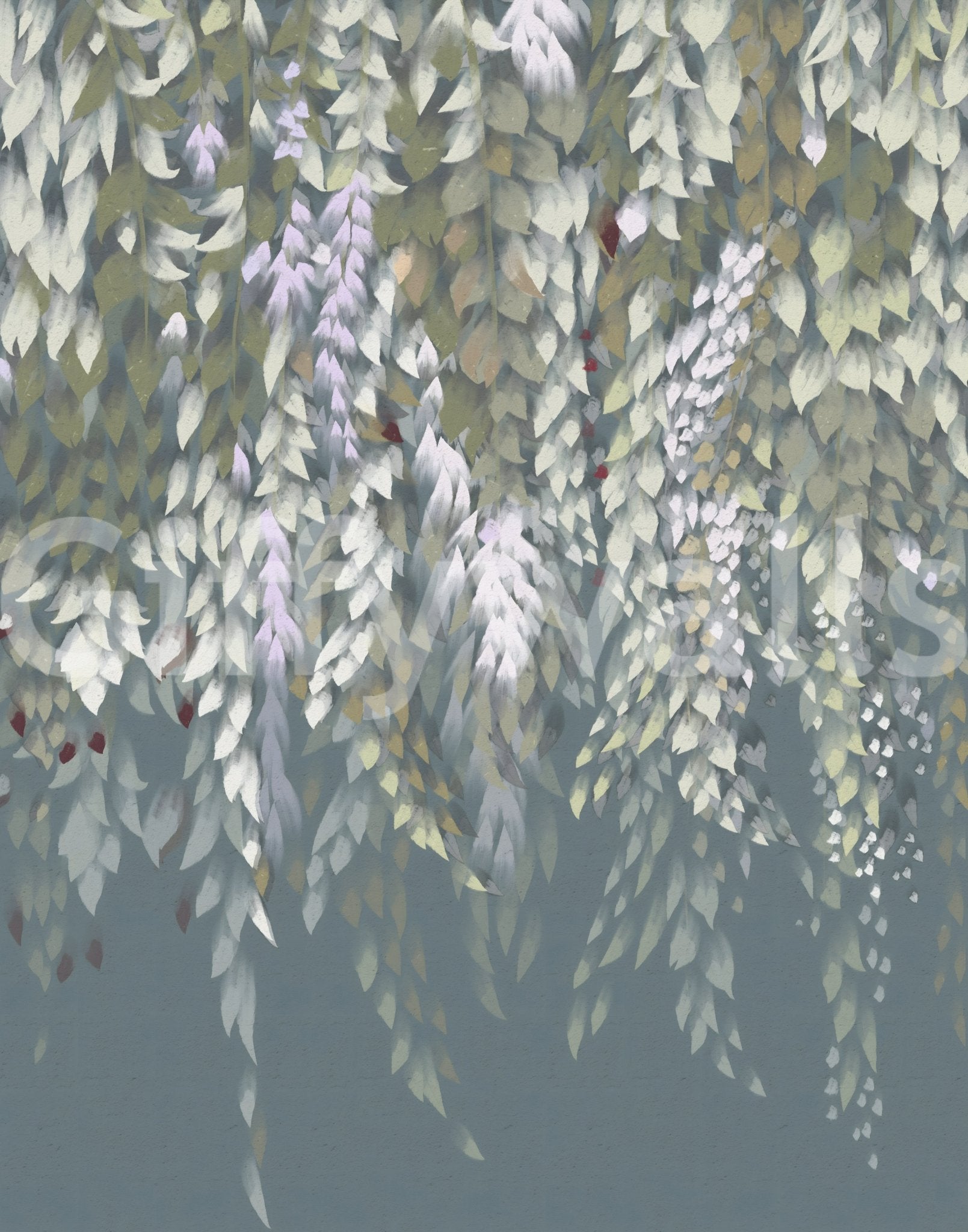 Contemporary home decor with the wisteria blooms wallpaper mural.