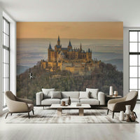 Grey stone castle wall mural for a themed guest room or library interior.