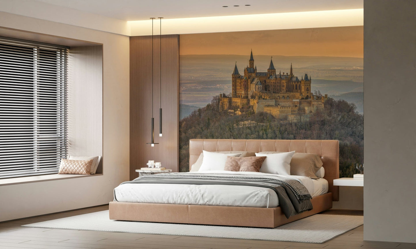 Castle Majesty Wall Mural with vintage fortress imagery for a home library.