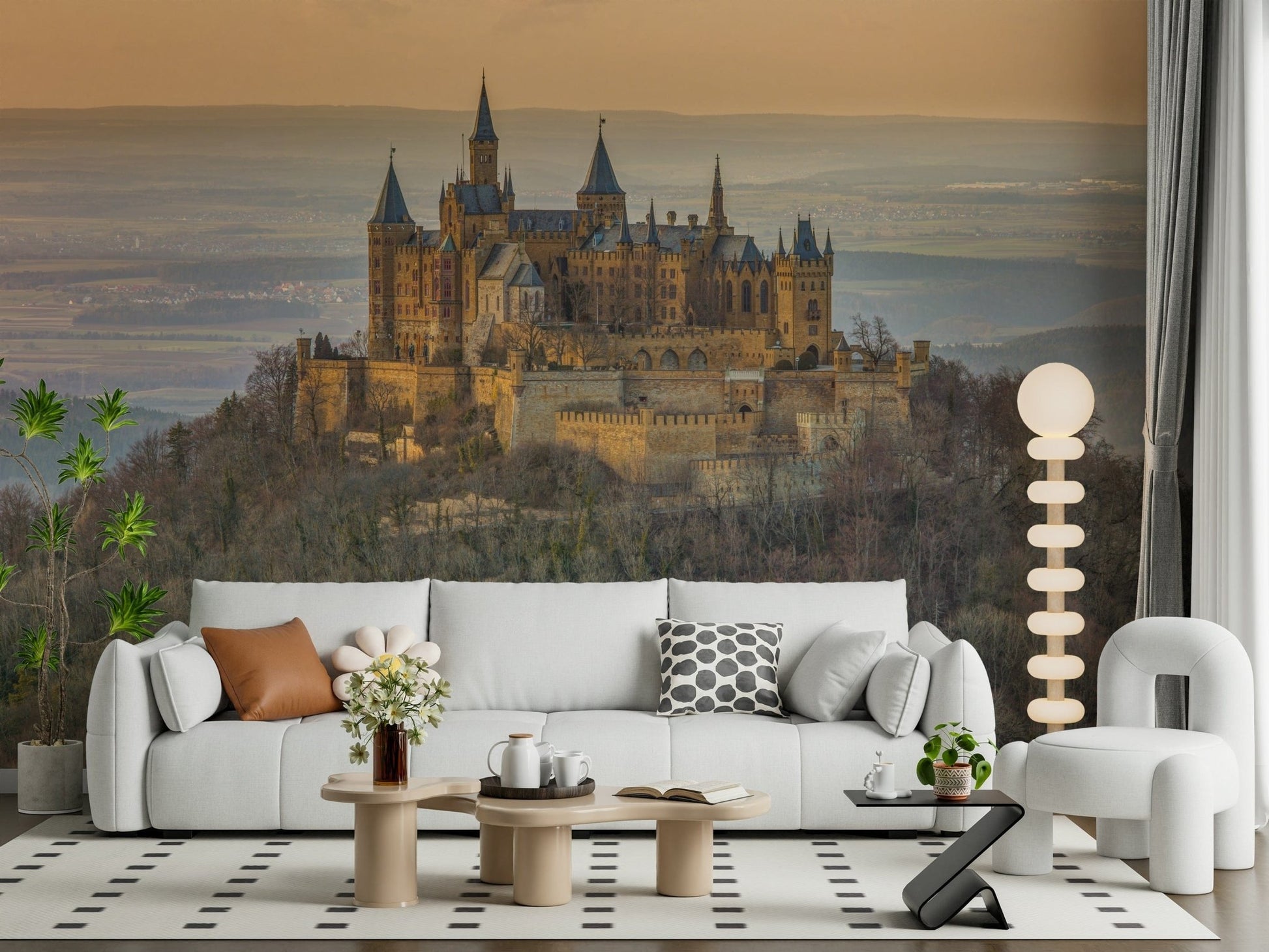 Castle Majesty Wall Mural with stone towers for a grand living room feature wall.