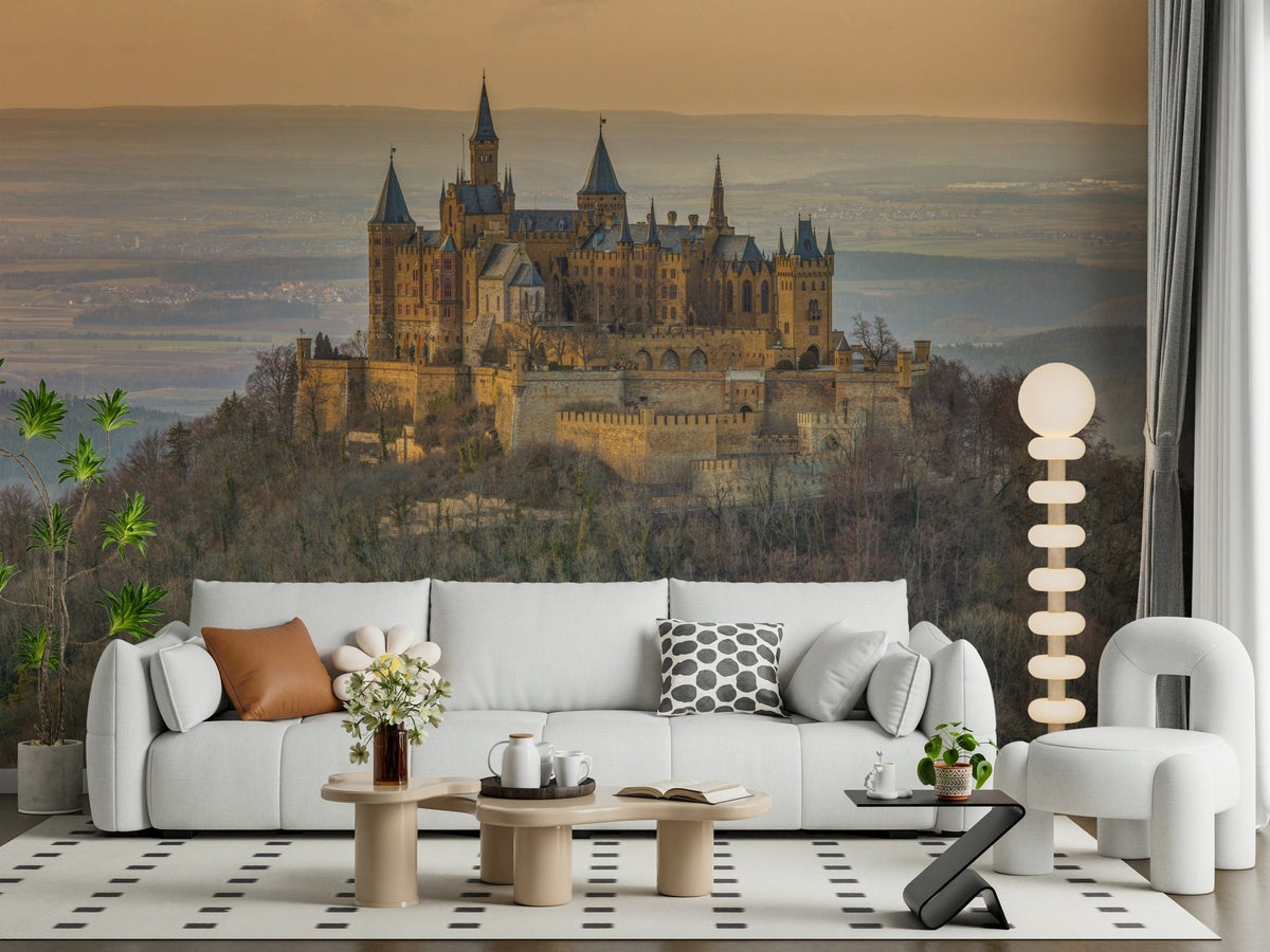 Castle Majesty Wall Mural with stone towers for a grand living room feature wall., GD7795