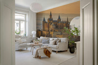 Medieval castle wallpaper adds a sense of history to a dining room wall.