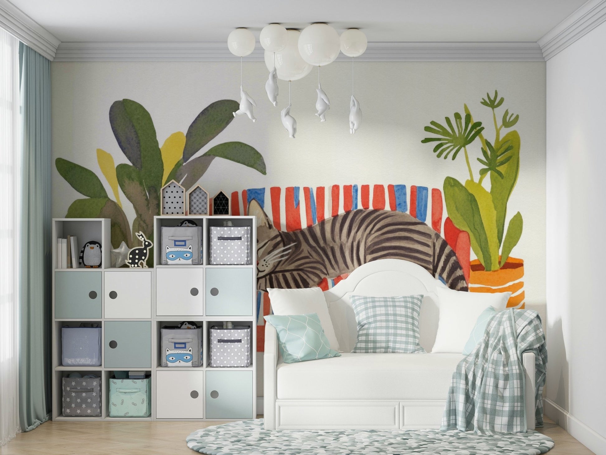 Watercolor wall mural featuring a relaxed resting cat

