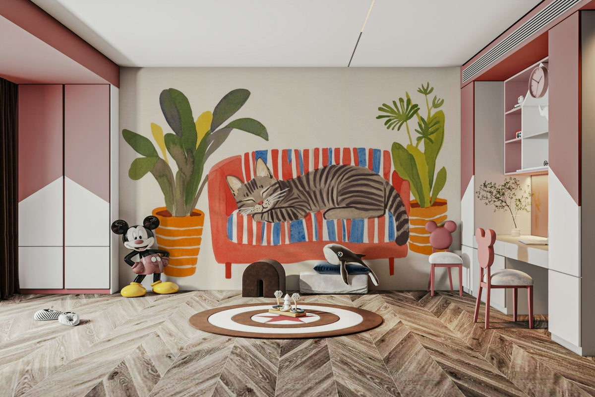 Cat Nap Oasis mural with sleeping cat in watercolor style, GD2146