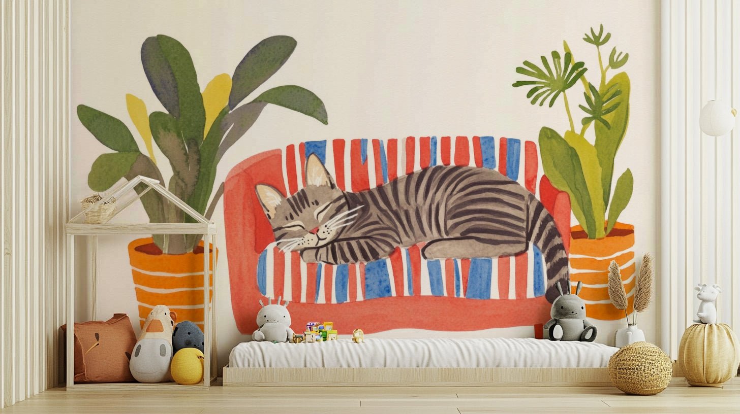 Nursery styled with Cat Nap Oasis mural artwork

