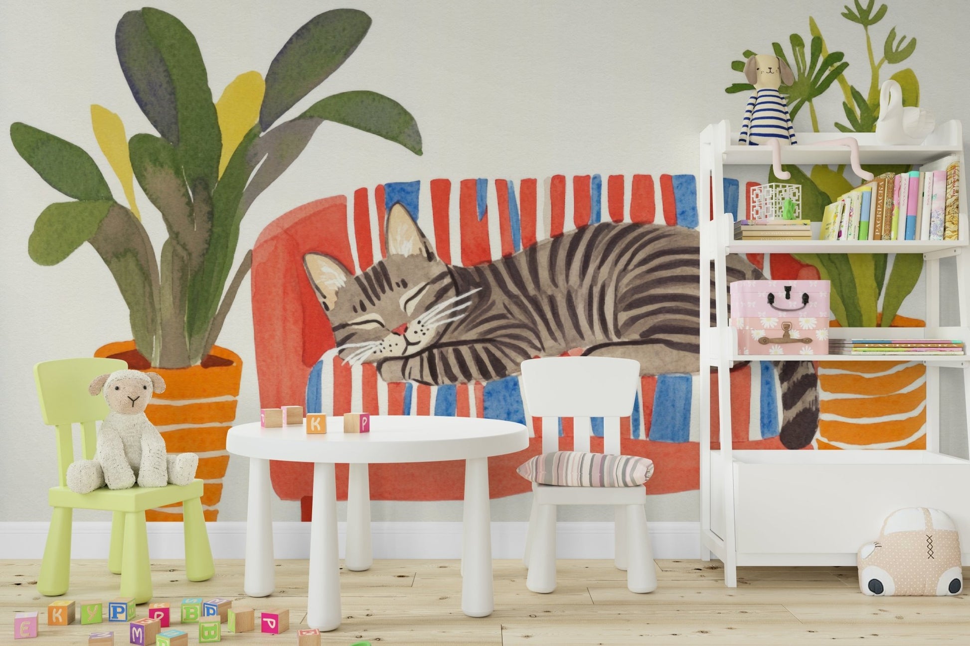 Illustrated cat sleeping in pastel-toned mural scene

