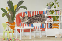 Illustrated cat sleeping in pastel-toned mural scene

