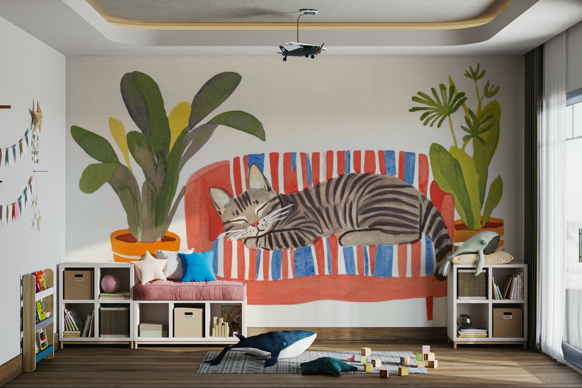 Peaceful bedroom featuring Cat Nap Oasis wall mural

