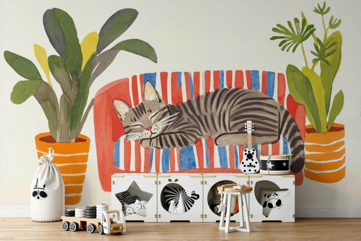 Watercolor mural with feline charm and comfort vibe

