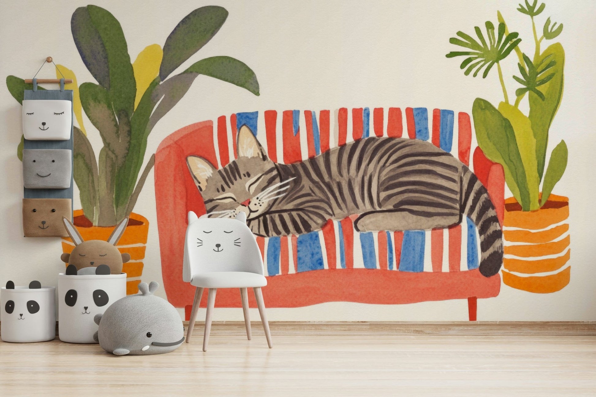 Close-up of brush-painted cat in dreamy mural design

