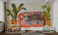 Soft abstract forms and a napping cat on wall design

