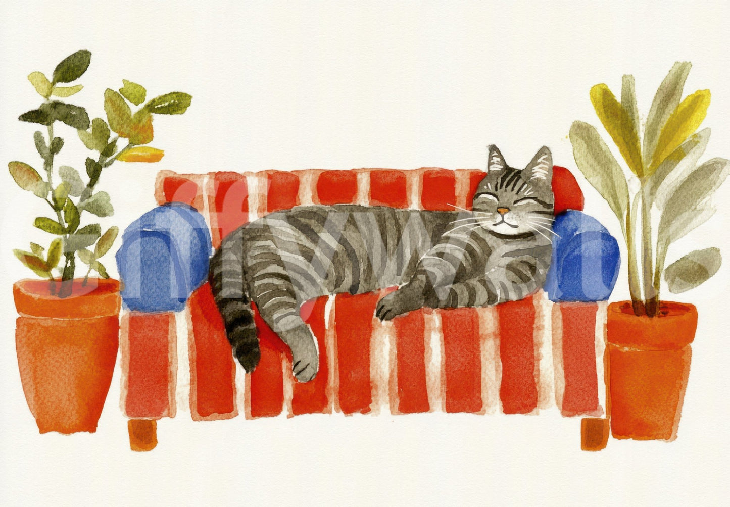 Watercolor mural with hand-painted sleepy cat on sofa

