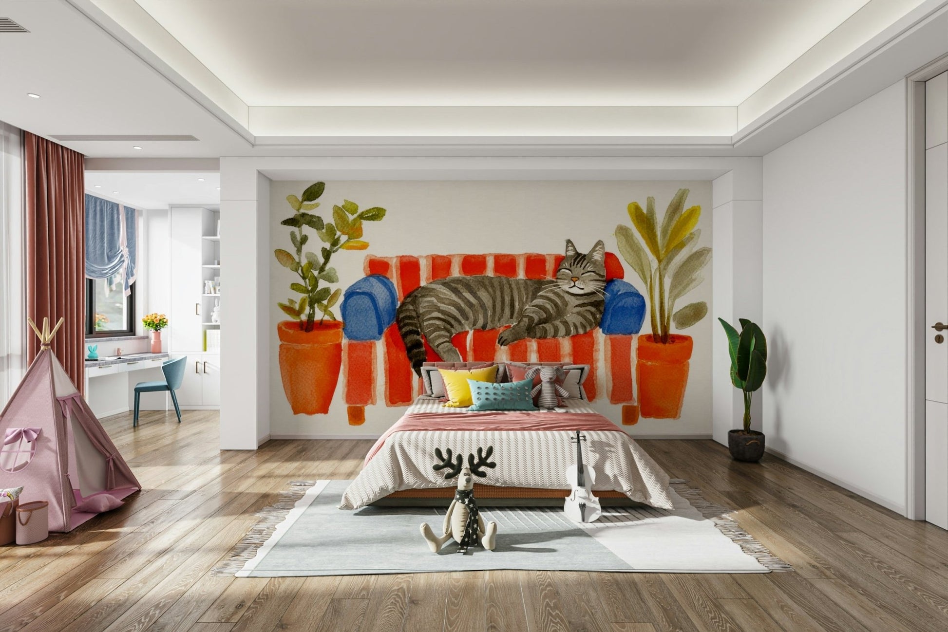 Blush and beige tones in whimsical feline wall mural

