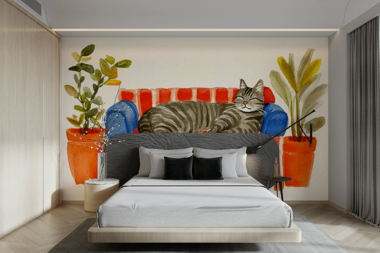 Cat Nap mural with watercolor-painted sleeping cat on couch

