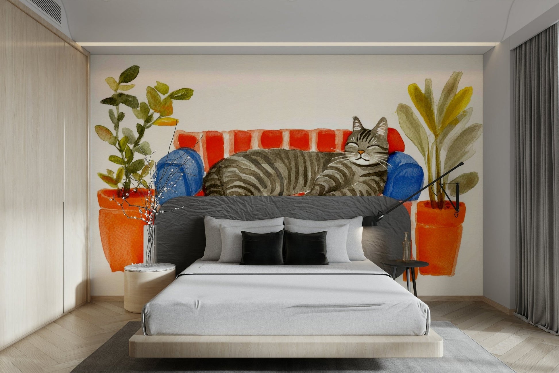 Cat Nap mural with watercolor-painted sleeping cat on couch

