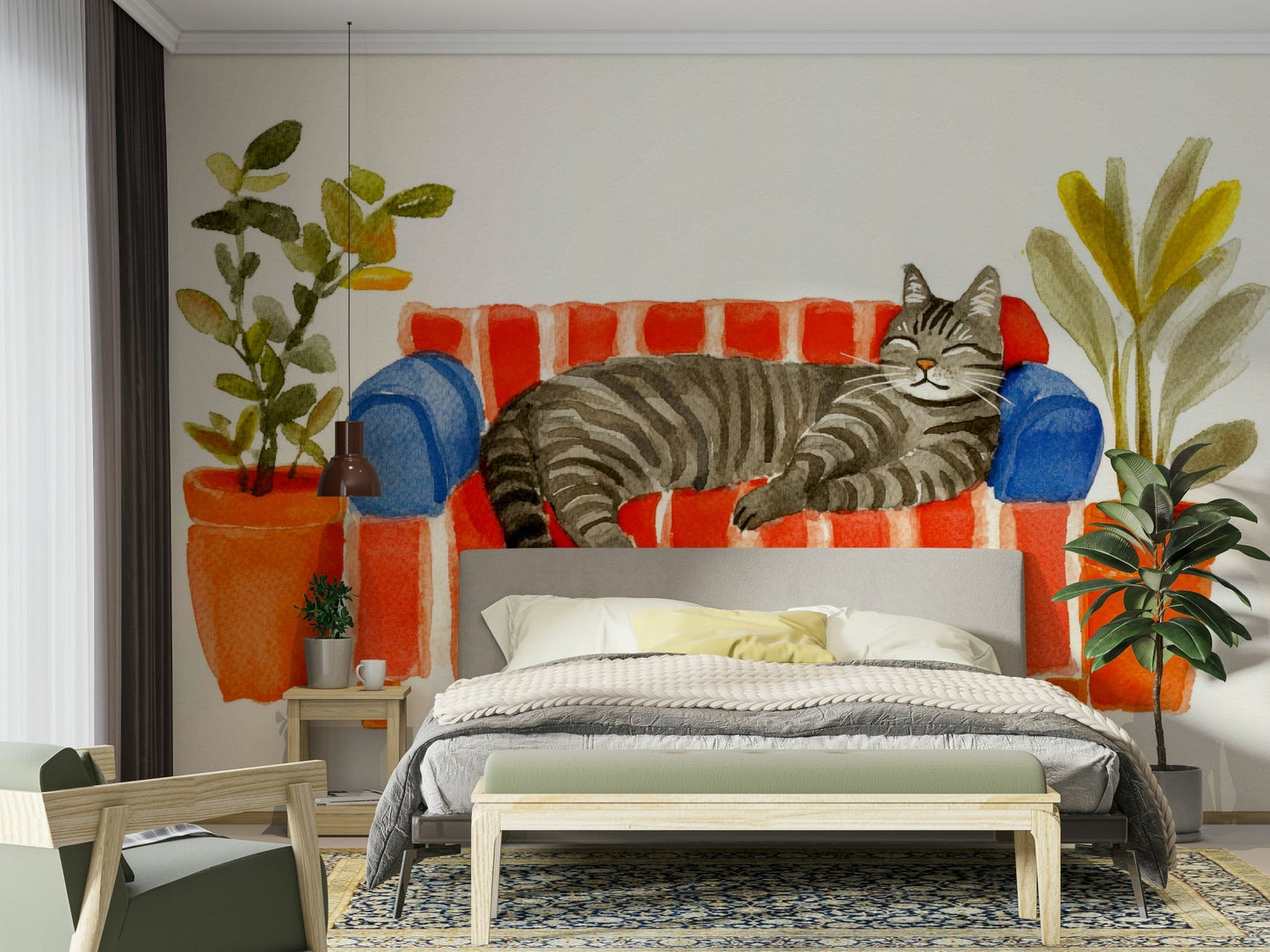 Close-up of sleepy cat in pastel-toned mural design

