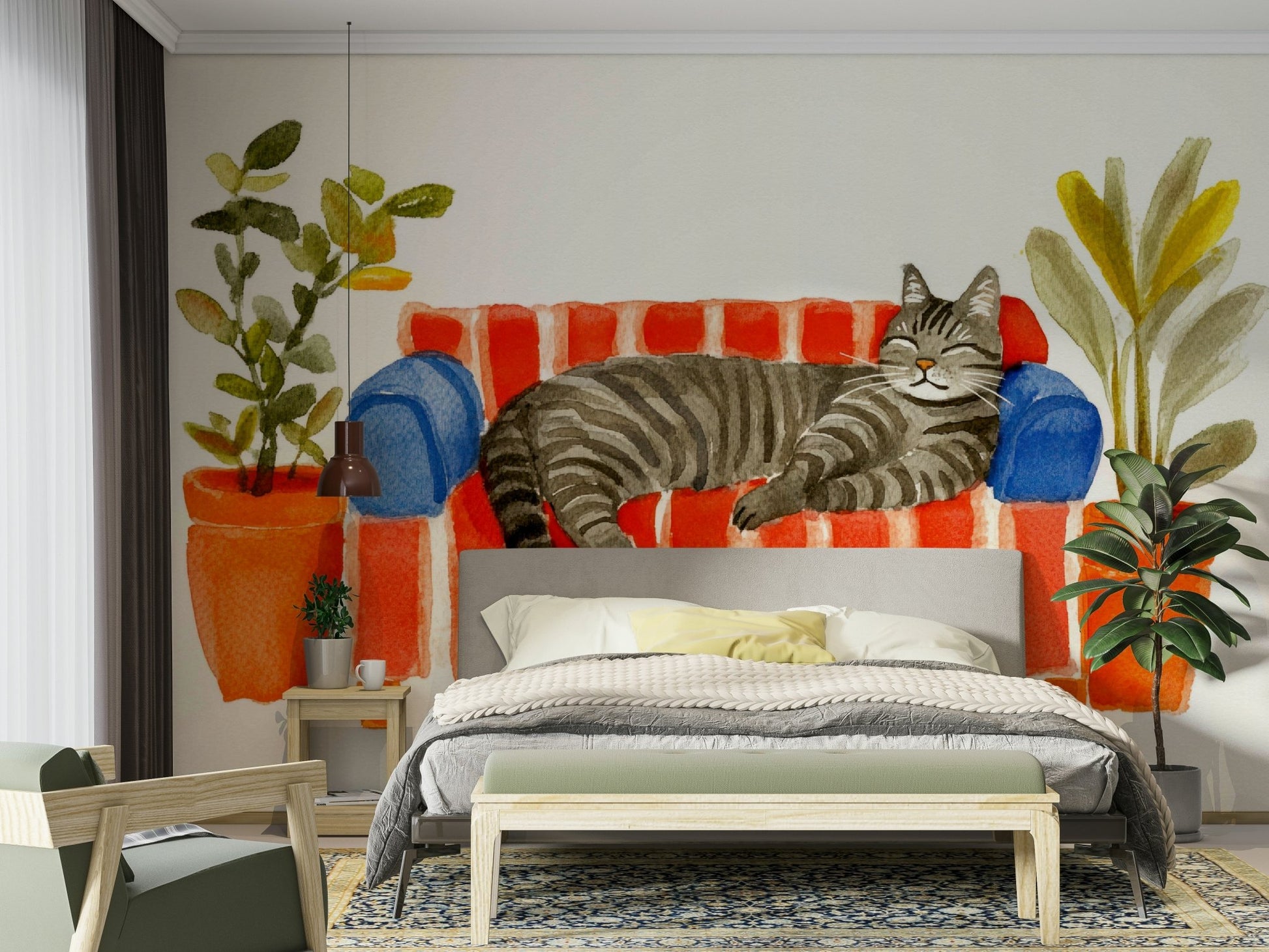 Close-up of sleepy cat in pastel-toned mural design

