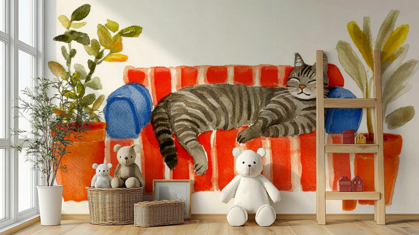 Calm and cuddly wall design with watercolor couch & cat

