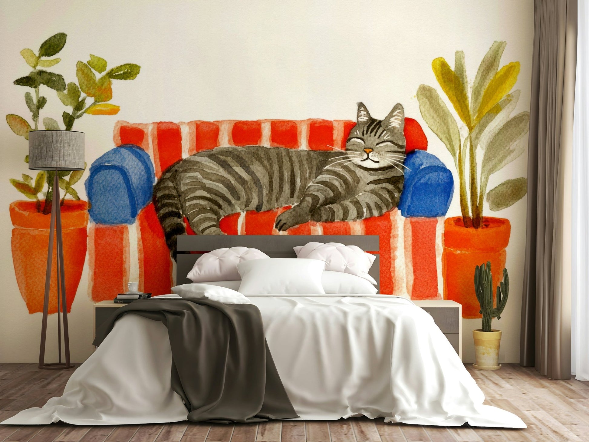 Nursery styled with Cat Nap on Watercolor Couch mural

