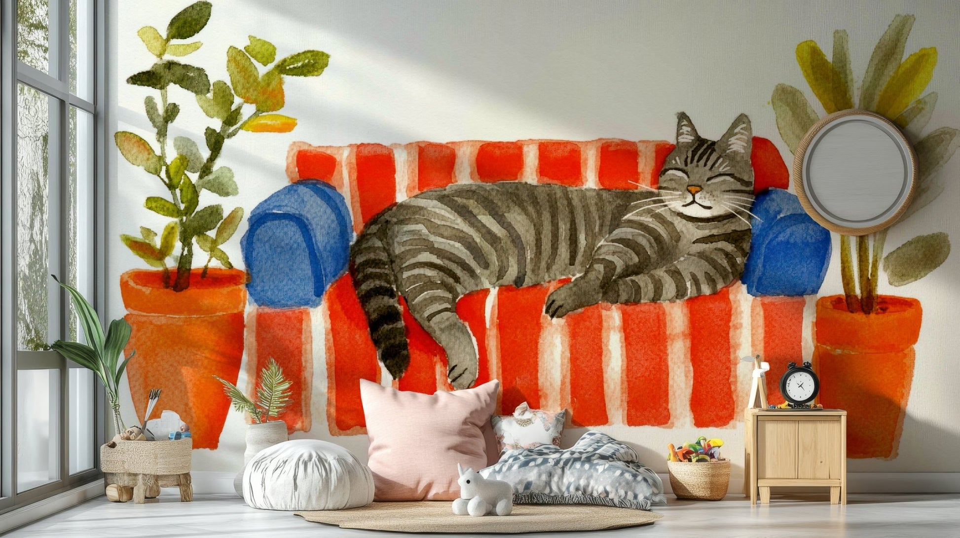 Soft pastel mural of a napping cat on a cozy couch

