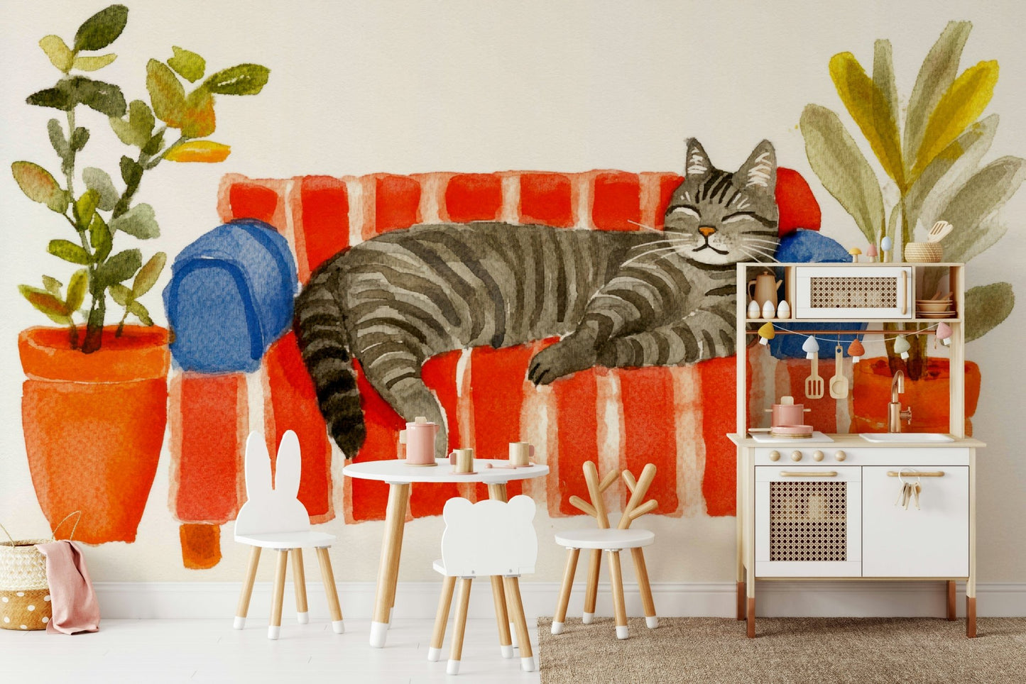Bedroom mural featuring a cat resting on soft furniture

