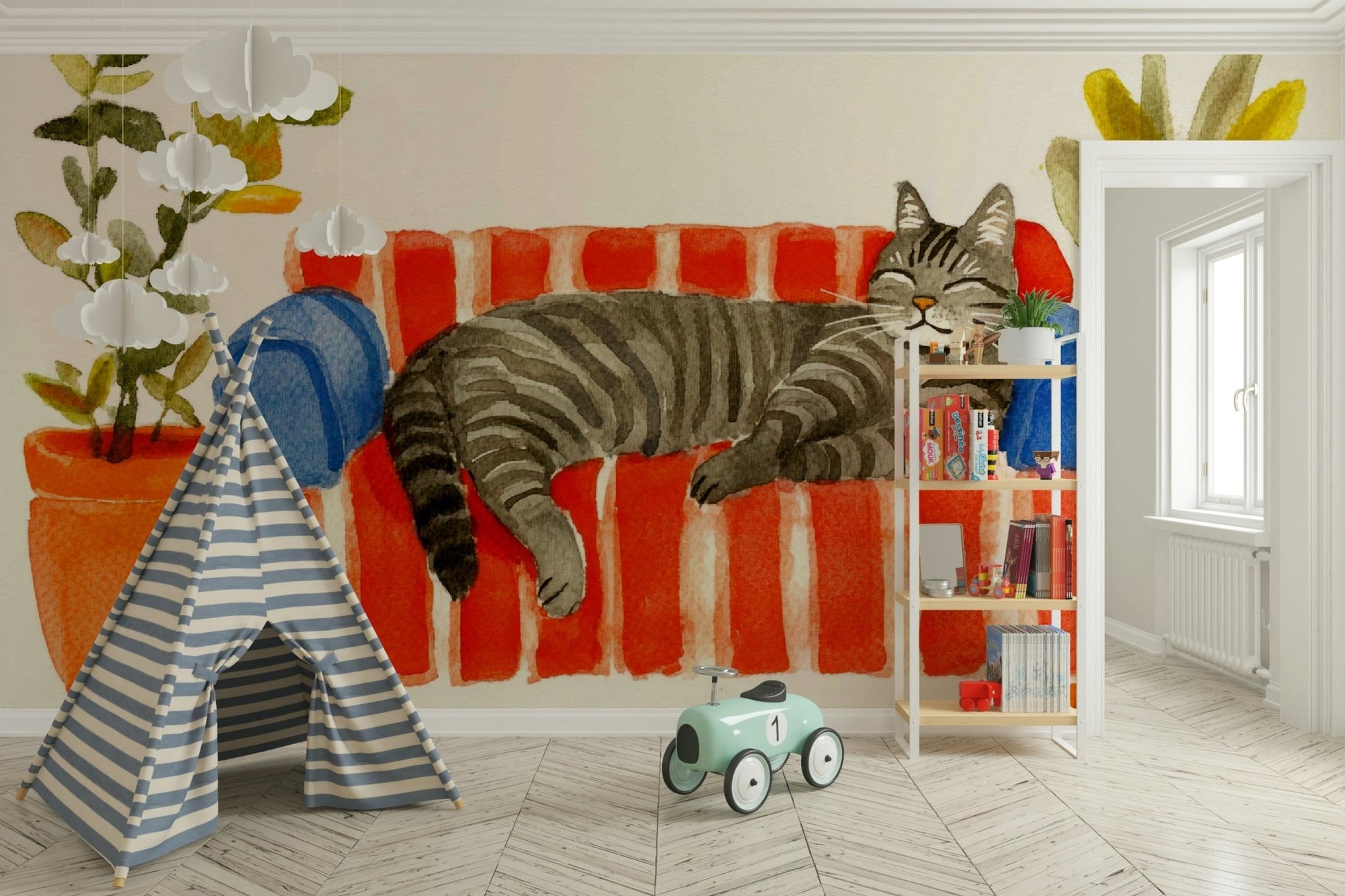 Cozy living space with artistic cat and couch mural

