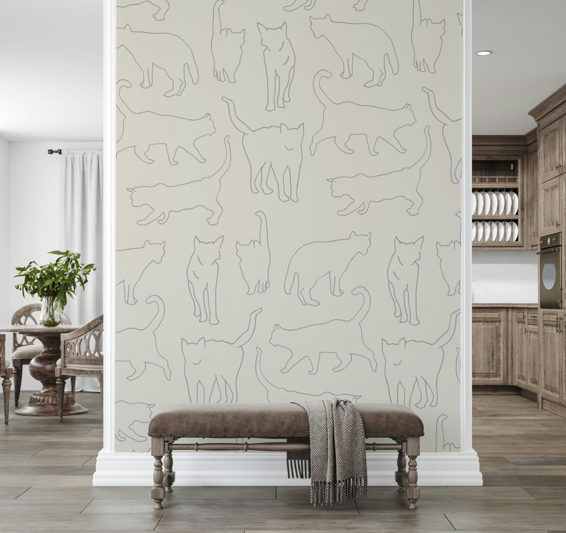 Neutral graphic wallpaper Cat Sketch Symphony full of intricate, artistic, and soft kitty poses.