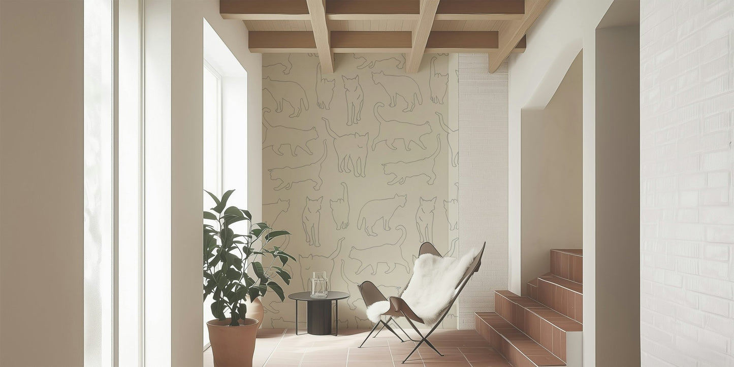 Graphic Cat Sketch Symphony accent wall, a graceful, pale, and sophisticated pet design.