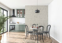 Wallpaper for walls showing a sophisticated, pale, and endearing cat sketch repeat.