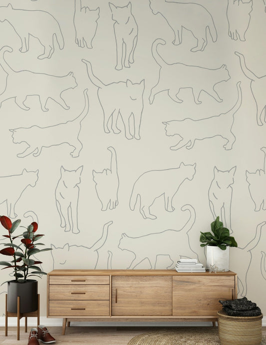 Cat Sketch Symphony elegant wall covering with subtle, repeating feline line drawings.