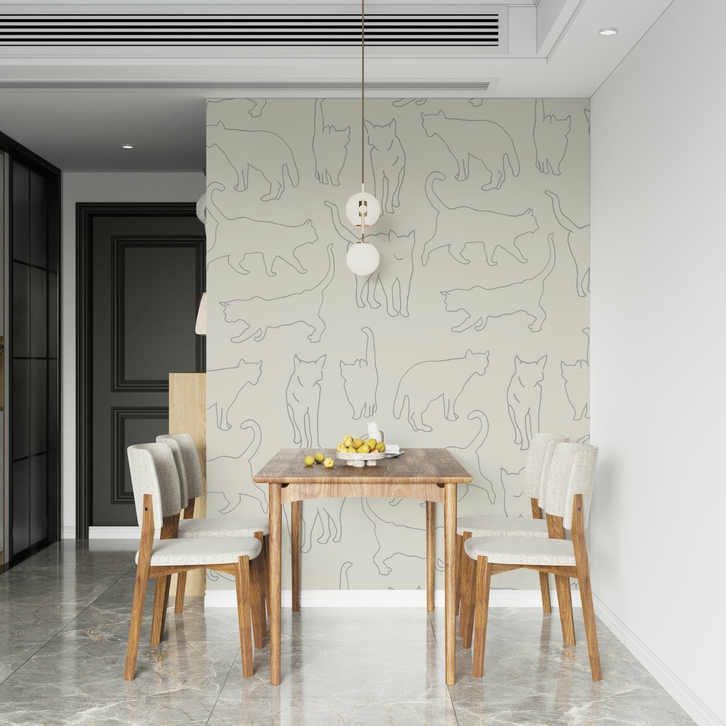 Cat Sketch Symphony contemporary wall covering with whimsical, quiet, and pretty figures.