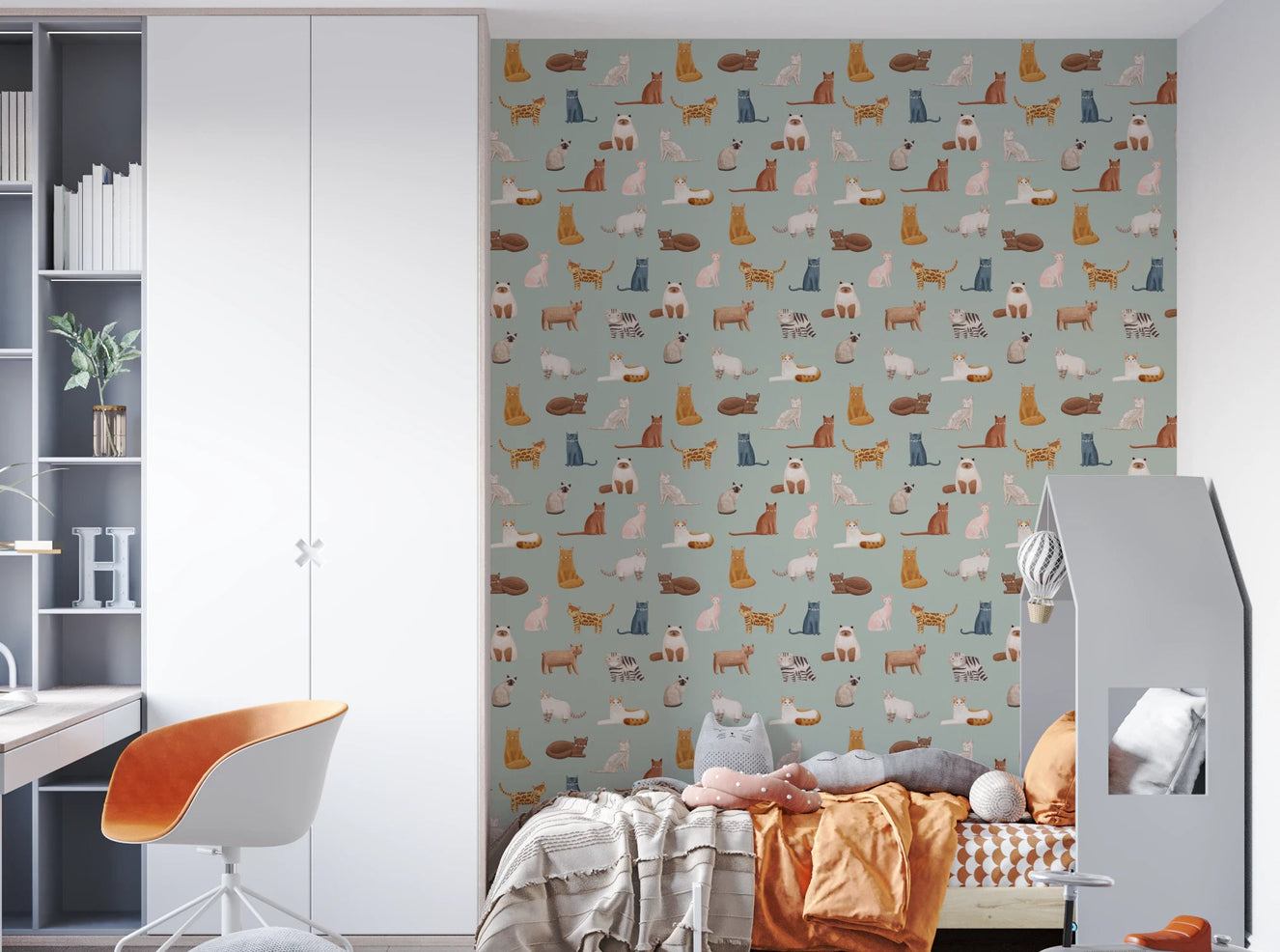 Kids room with Cats on Mint Green Wallpaper soft cat pattern