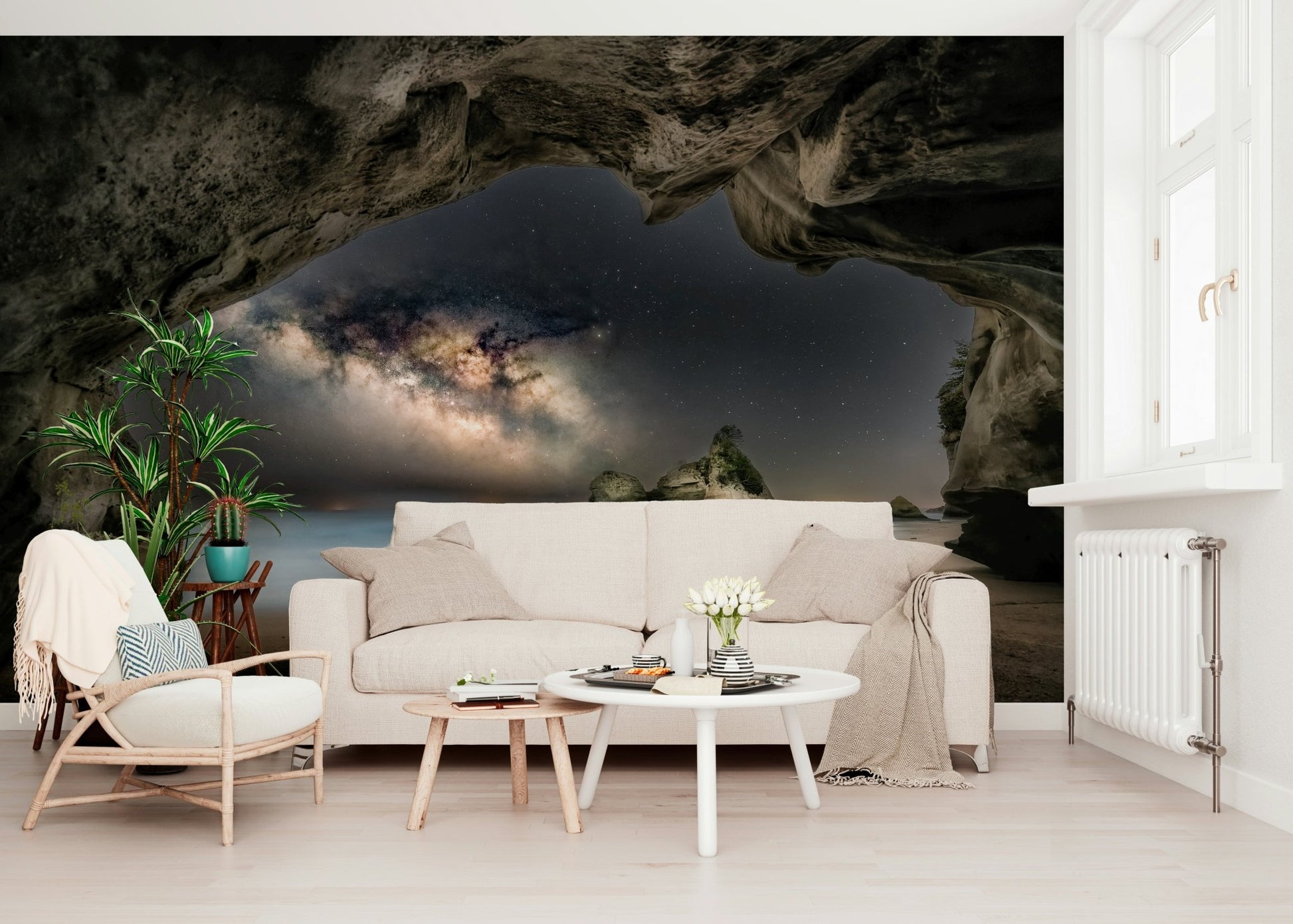 A peaceful cosmic abstract mural on decorative wallpaper.