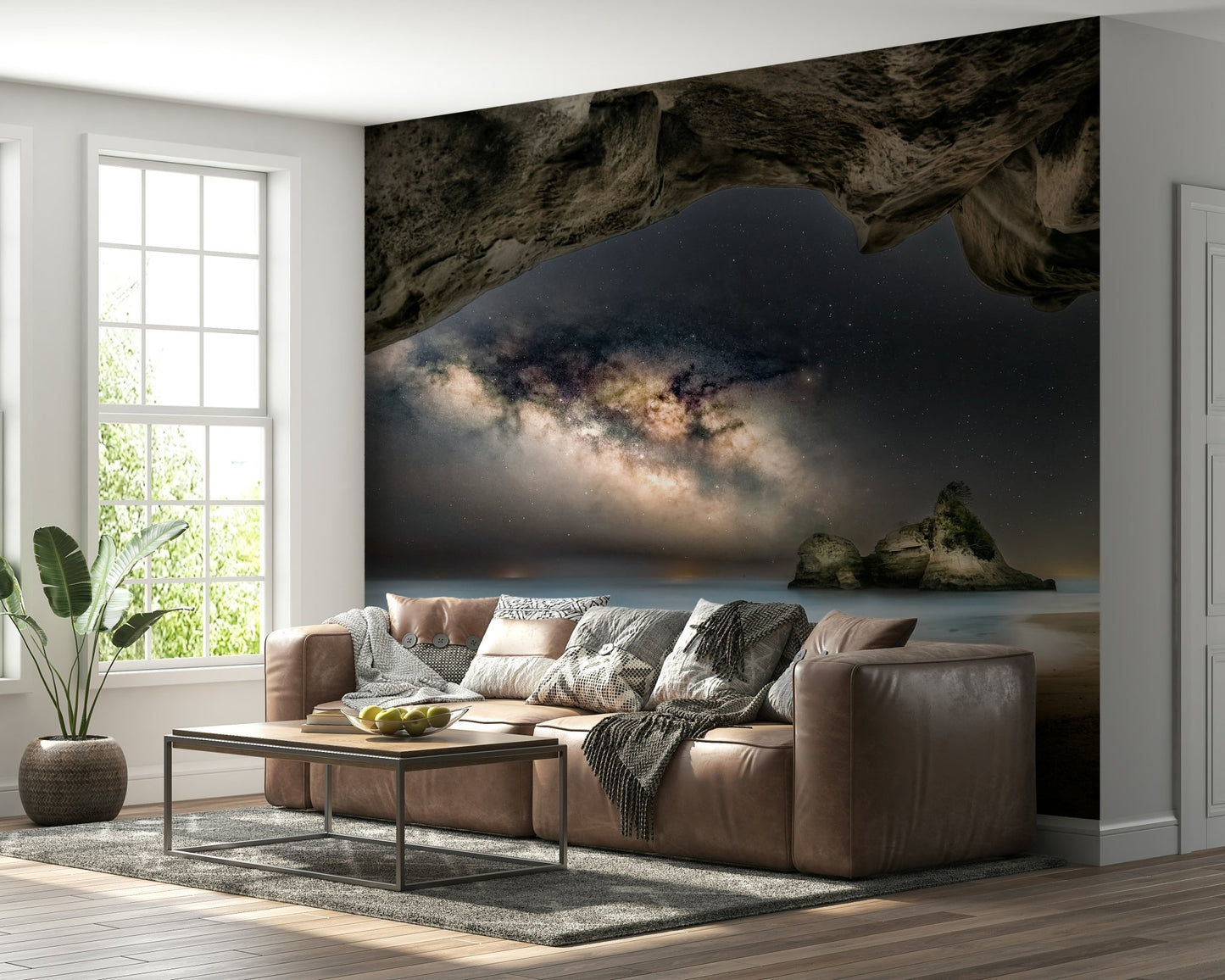 A beautiful modern art wall mural of a starlit cave.