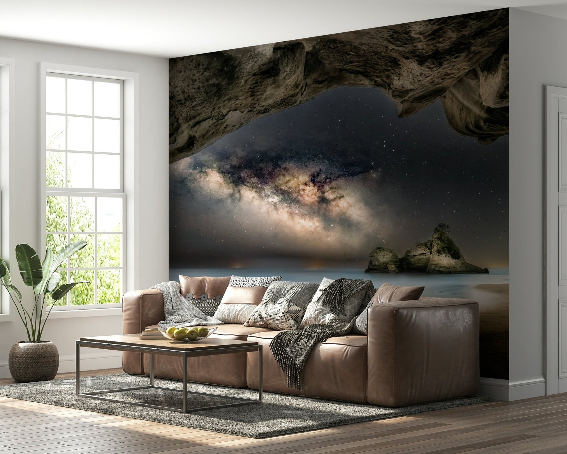 A beautiful modern art wall mural of a starlit cave.