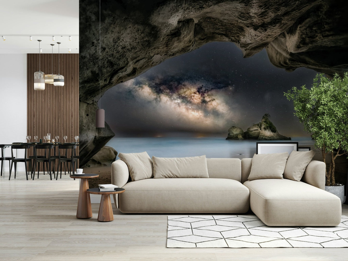 A calming abstract design wallpaper mural that defines a space.