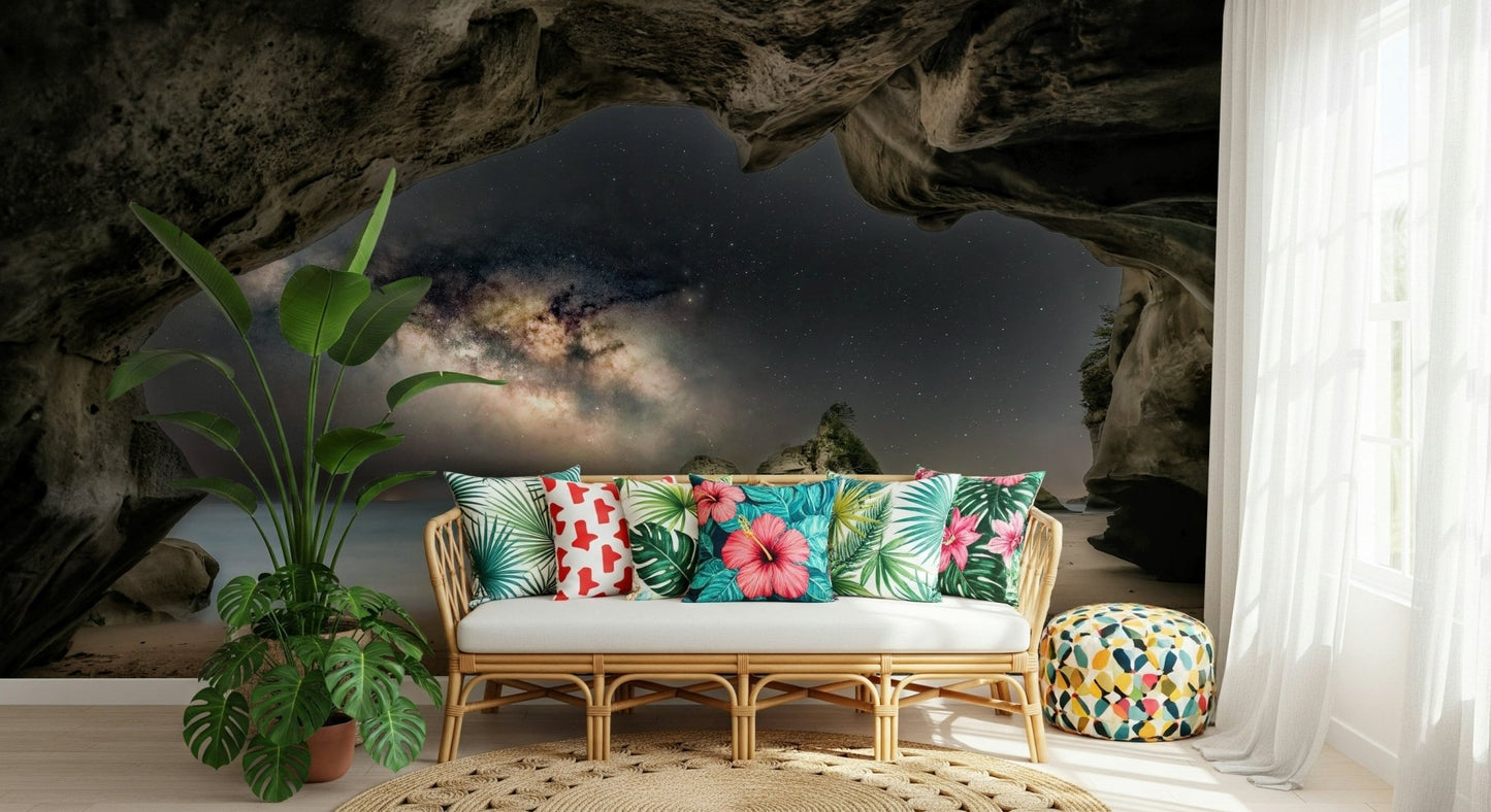 A serene mysterious cave wall mural for fantasy decor.