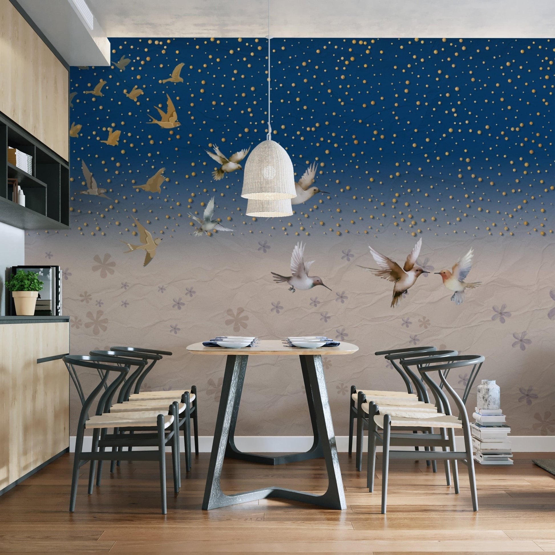 Whimsical birds starry wallpaper
