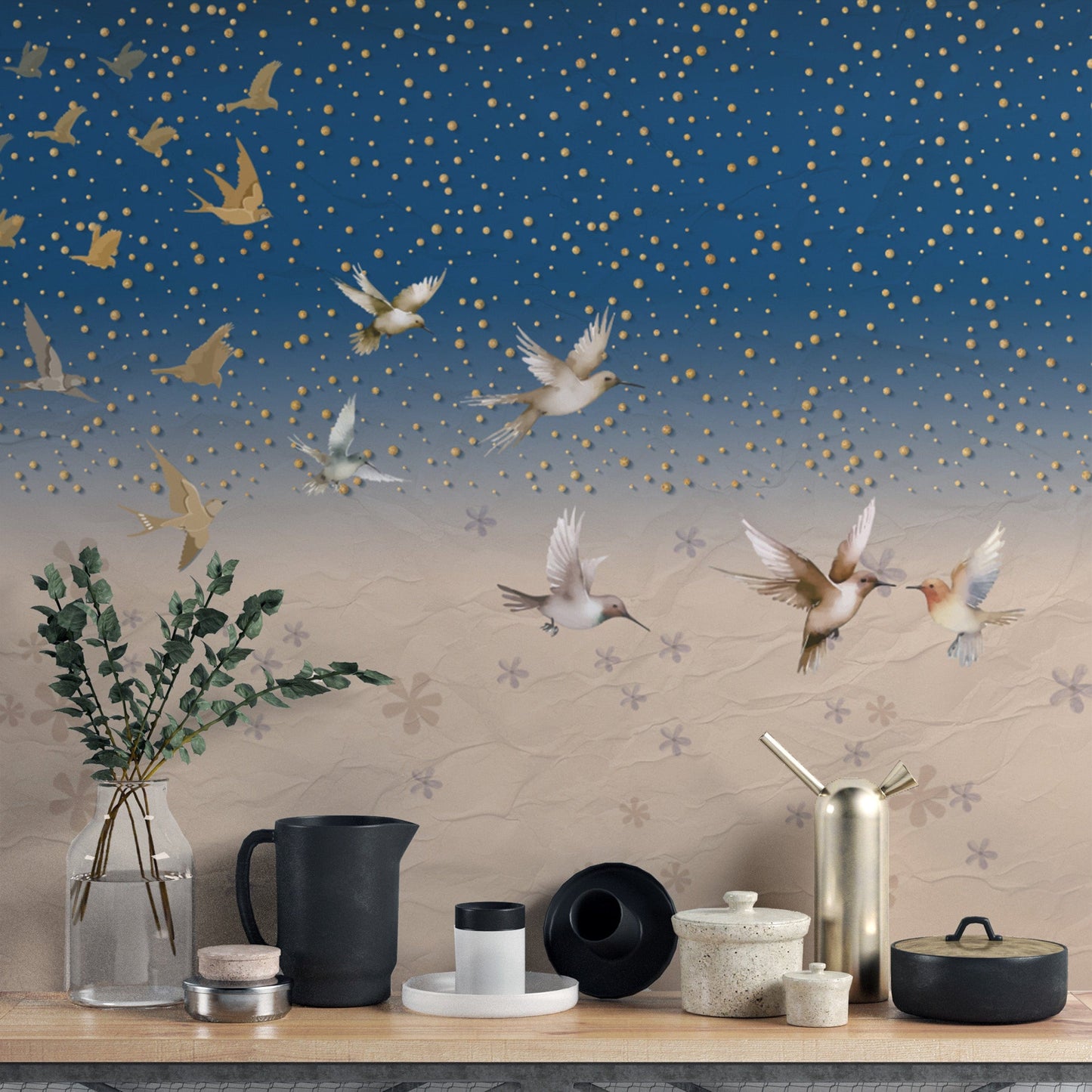 Starry sky wallpaper with flying birds
